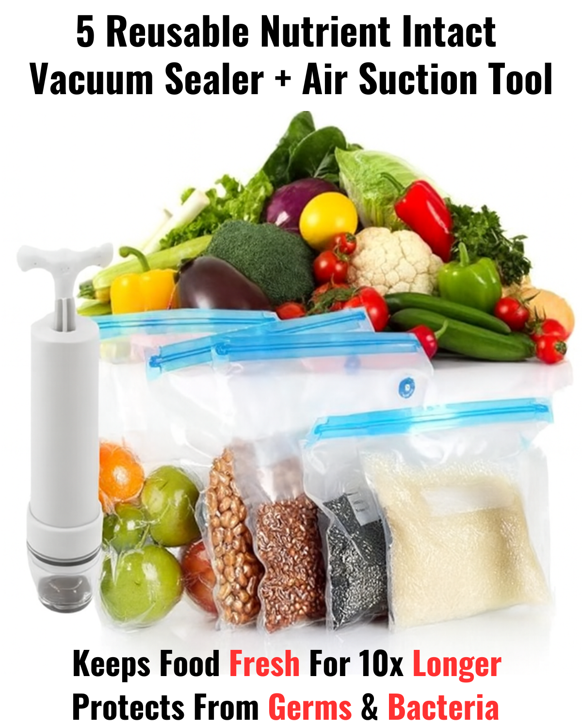 Bitrontix Reusable Nutrient Intact Food Vacuum Sealer (Keeps food fresh for longer & Protects from germs & bacteria)