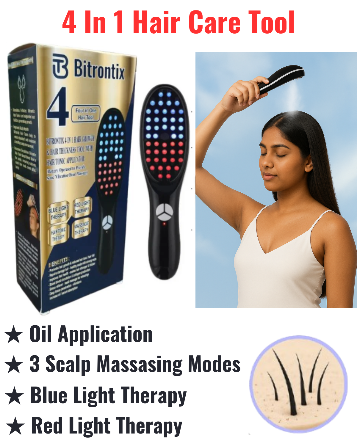 Bitrontix 4 in 1 Hair Care Tool (Oil Application, 3 Massage Modes, Red & Blue Light Therapy)