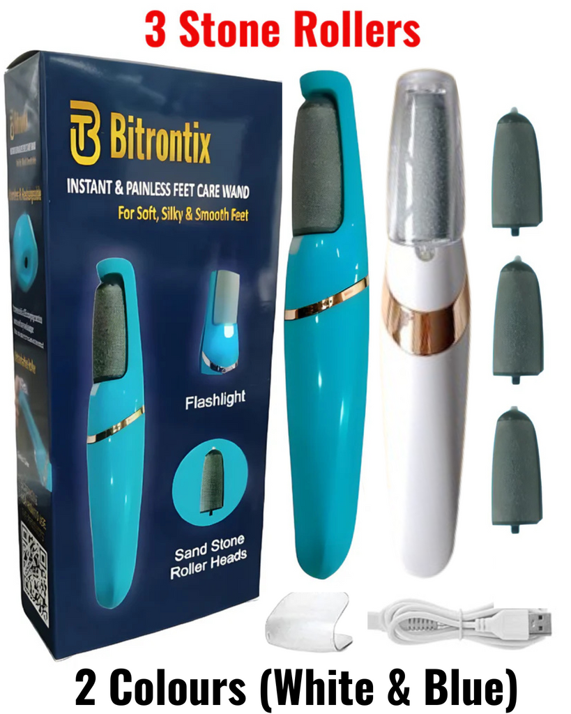 BITRONTIX™️  INSTANT & PAINLESS FEET CARE WAND & CALLUS REMOVER  WITH 3 STONE ROLLERS  (RECHARGEABLE & WIRELESS) For Soft, Silky & Smooth Feet
