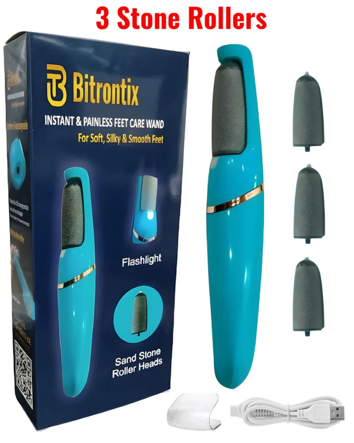 BITRONTIX™️  INSTANT & PAINLESS FEET CARE WAND & CALLUS REMOVER  WITH 3 STONE ROLLERS  (RECHARGEABLE & WIRELESS) For Soft, Silky & Smooth Feet