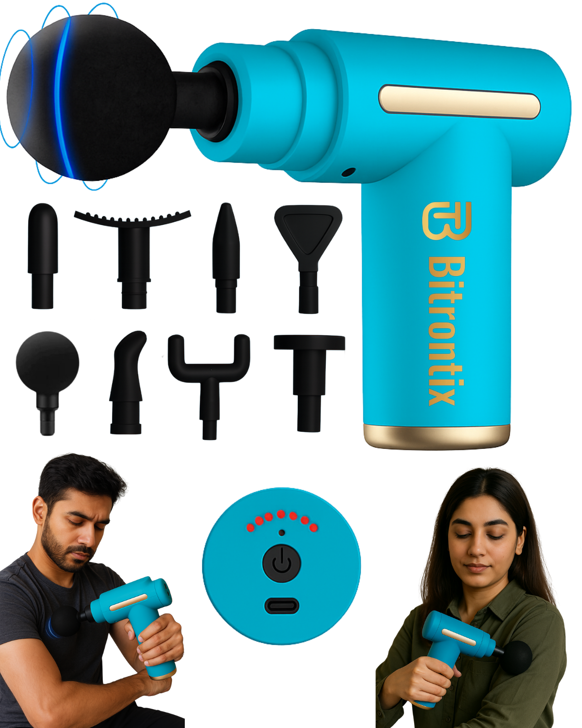 Bitrontix Deep Relief Full Body Massager With 8 Replaceable Heads (soothes sore muscles, reduces stiffness & relieves tension)